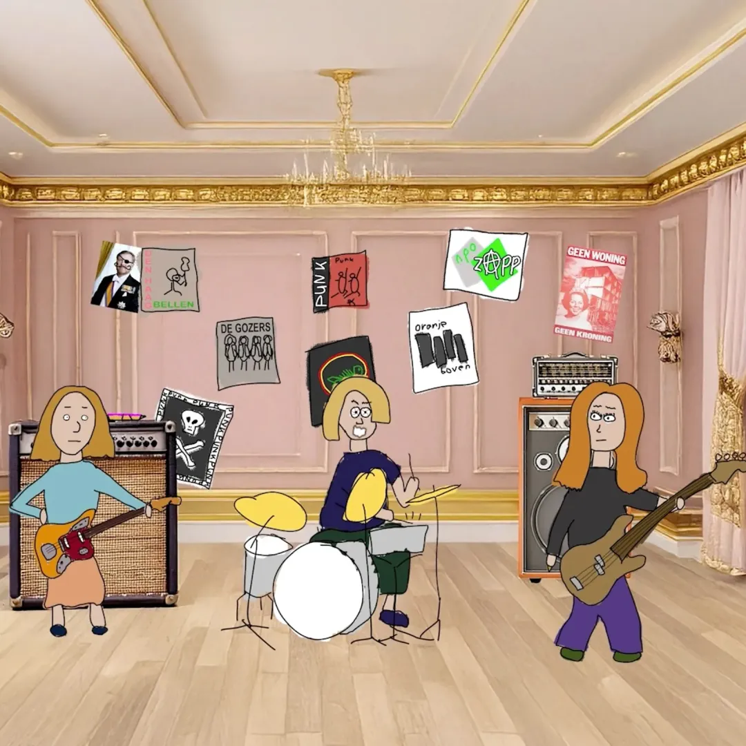 Een tekening van die mensen die in een band aan het spelen zijn, met punk posters aan de muur.