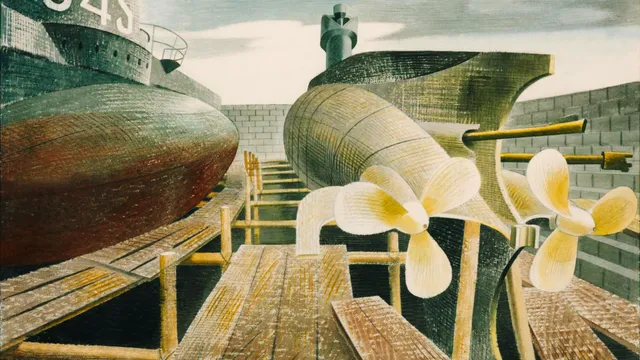 Submarines in Dry Dock door Eric Ravilious, 1940 

Presented by the War Artists Advisory Committee 1946