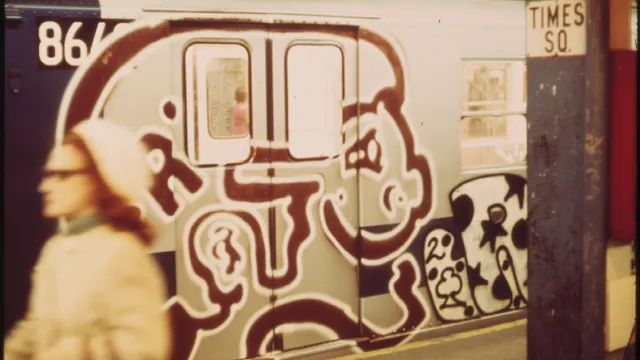 persoon voor een metro met graffiti erop, omstreeks jaren zeventig