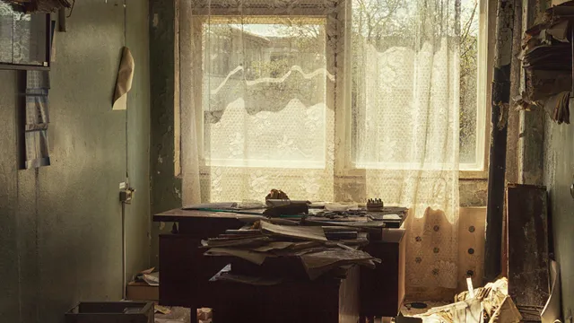 Vervuild huis, een bureau met papieren, zon door de gordijnen