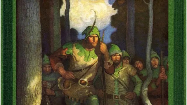 Robin Hood, man in groene kleding met pijl en boog in een bos