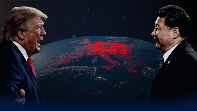 Samengesteld beeld van de Amerikaanse leider Donald Trump tegenover de Chinese leider Xi Jinping, met op de achtergrond een kaart van europa