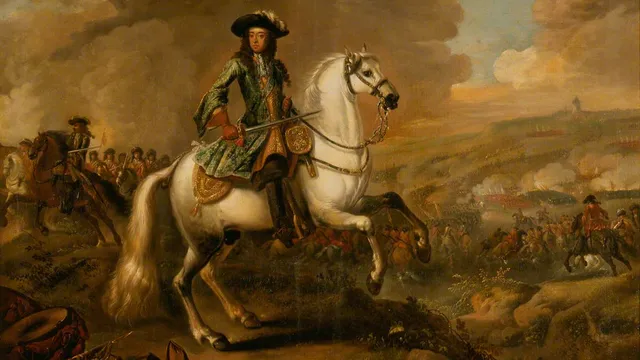 konung William III op zijn witte paard bij de slag aan de Boyne (1690)