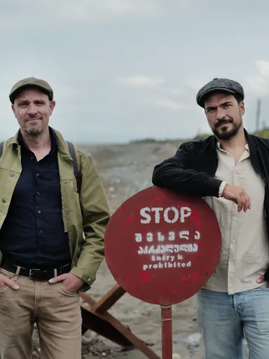 Twee mannen staan op een kiezelstrand bij een rood stopbord. Links een man in groene jas, rechts een man in zwarte jas.