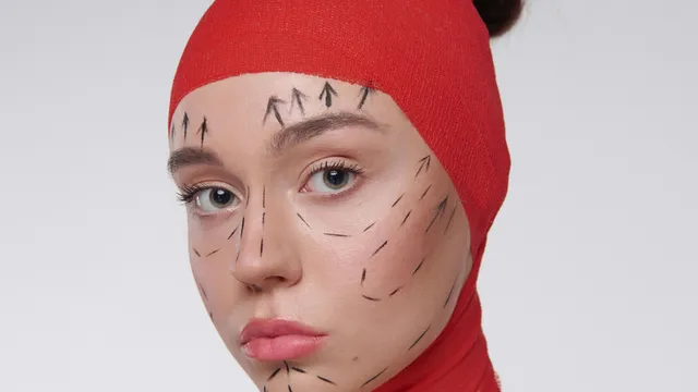 Een witte vrouw met een rode doek om haar hoofd gewikkeld, er staan zwarte lijnen en pijltjes op haar gezicht om aan te geven waar plastische chirurgie toegepast moet worden.