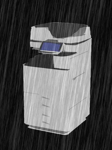 Een kopieerapparaat op zwarte achtergrond met regendruppels