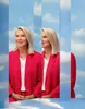 Sigrid Kaag vanuit drie perspectieven te zien voor een achtergrond die bestaat uit blauwe lucht en wolken.