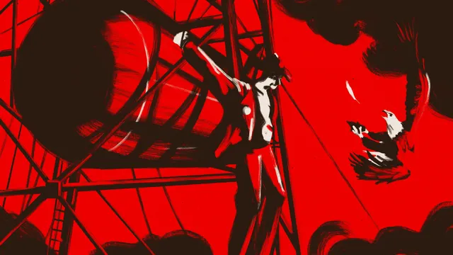 Illustratie van Rueben Millenaar bij de podcast Dit vuur, grove tekening van Prometheus op een rode achtergrond