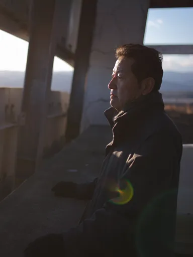 Man die vanuit een gebouw met een treurige uitstraling naar buiten kijkt.