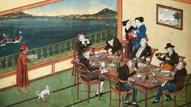 Feestmaal op Deshima, ca. 1825. Factorij-arts Von Siebold snijdt het vlees aan