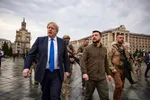 The President of Ukraine - Volodymyr Zelenskyy walks with Prime Minister of the United Kingdom - Boris Johnson through the streets of Kyiv with security forces. President of Ukraine Volodymyr Zelenskyy met with Prime Minister of the United Kingdom Boris Johnson who arrived in Kyiv, Ukraine