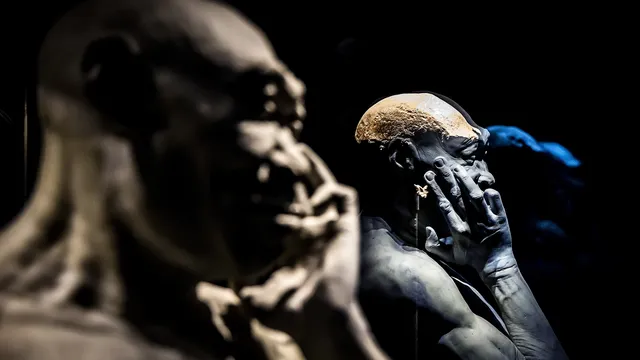 Schedelkapje van de Javamens uit de collectie-Dubois in museum Naturalis. Een beeld van de Javamens op de voorgrond.