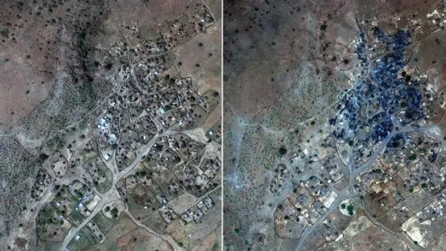 Satellietbeelden van november 2015 (l) en april 2016 laten goed de verwoesting zien van een deel van het Soedanese dorpje Nuoguey.