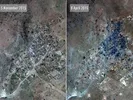 Satellietbeelden van november 2015 (l) en april 2016 laten goed de verwoesting zien van een deel van het Soedanese dorpje Nuoguey.