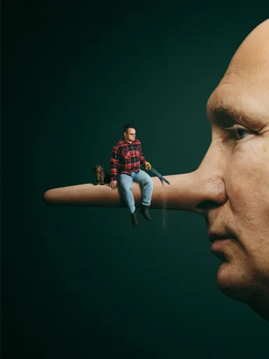 Grote close-up van een witte man met extreem lange neus; op zijn neus zitten een kleine man in rood geruit overhemd met een zaag en een kleine bruine hond, tegen een donkere achtergrond.