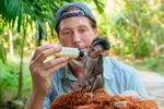 Freek voert melk aan een klein baby aapje. Het aapje drinkt uit een melkfles.