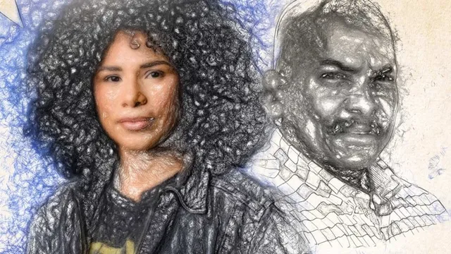 Vrouw met krullen en kale man met snor