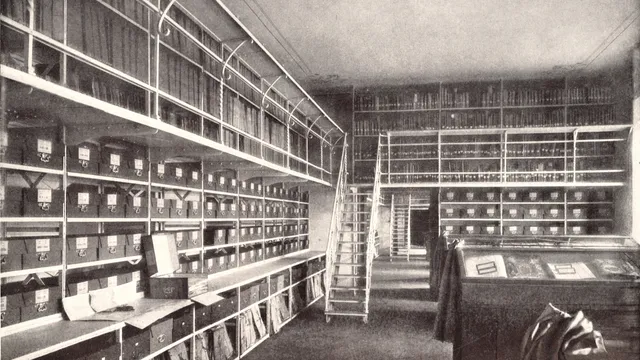 een archief, met kasten vol dozen en boeken, met een ladder ernaast