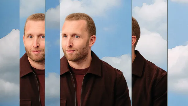 Peter Pannekoek in verschillende vakken met wolken op de achtergrond.