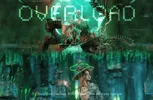Een futuristisch digitaal kunstwerk in groenblauwe tinten met bovenaan de titel ‘OVERLOAD’ in grote, lichtgevende letters. In het midden zweeft een complexe constructie van donkere, kronkelende vormen en fantasieachtige figuren. Onderaan staat een meisje met een lichte huid, lang haar en een grote, vreemd gevormde hoed in een mysterieuze omgeving vol digitale patronen en lichtgevende symbolen.