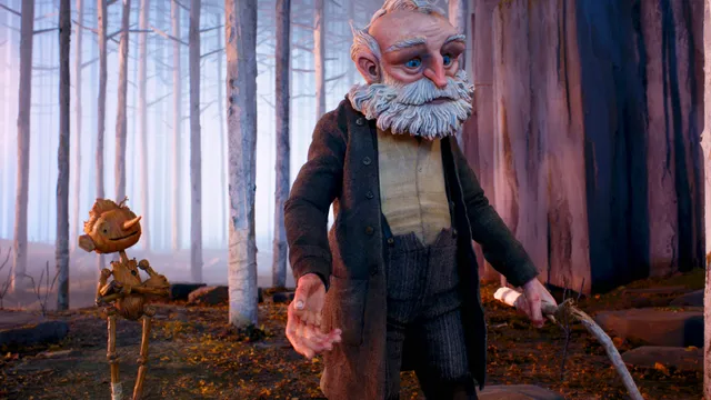 Guillermo del Toro's Pinocchio - (L-R) Pinocchio (voiced by Gregory Mann) and Gepetto (voiced by David Bradley). Cr: Netflix © 2022