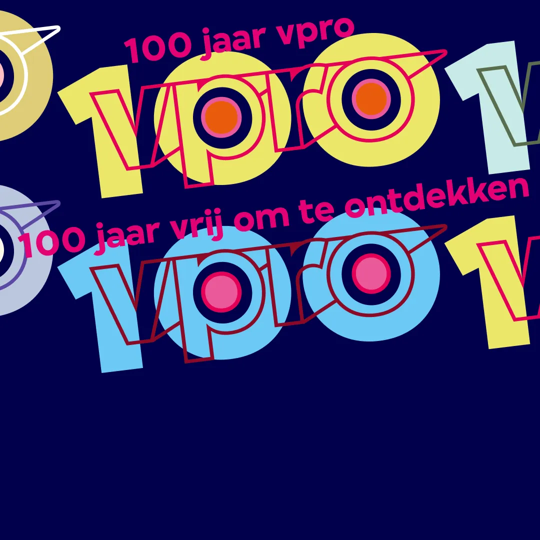 Het logo van 100 jaar VPRO schuin door het scherm heen.