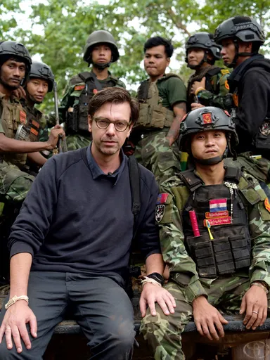 Een ernstig kijkende witte man met bril, Ruben Terlou, zit op de achterkant van een pick-up truck naast een gewapende Aziatische man in camouflage-uniform en helm. Achter hen zitten en staan nog zes gewapende Aziatische mannen in militaire uitrusting. Op de achtergrond bomen, een bamboehut en een heuvelachtig landschap.