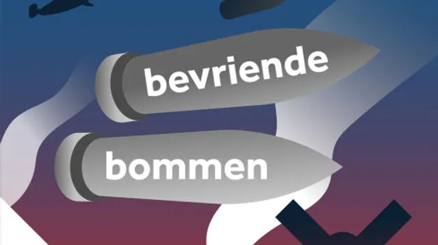 twee vallende bommen met daarop de tekst 'bevriende bommen'