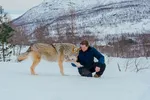 Freek Vonk zit in de sneeuw naast een wolf. De wolf geeft Freek een poot.