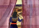 Een sfeervolle watercolor-illustratie van een persoon met donker haar, van achteren gezien, die door een raam naar buiten kijkt. De persoon draagt een donkerblauwe jurk met een goudkleurig geometrisch patroon op de rug en een oranje ceintuur. De persoon houdt met beide handen de paars-roze, semitransparante gordijnen opzij.  Buiten is een beige-bruin gebouw zichtbaar onder een zachtgroene lucht. Over de gehele compositie zweven golvende notenbalken met muzieknoten, die zowel over de gordijnen als door het raam lijken te vloeien. De stijl is artistiek en dromerig, passend bij de eerdere illustratie.
