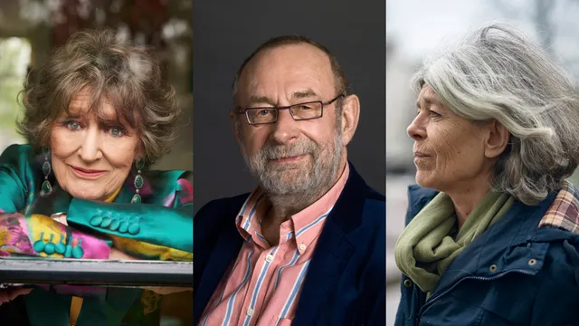 Drie portretten van Hedy d'Ancona, Hans Dorrestijn en Anna Enquist naast elkaar.