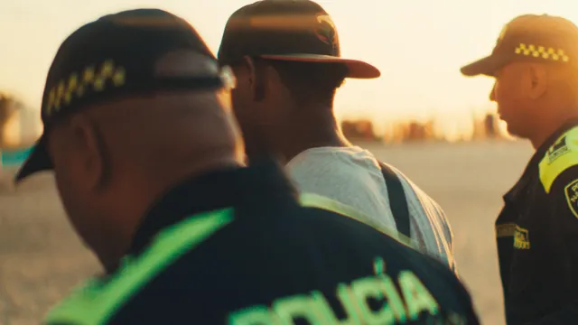 Foto van een onherkenbare man en twee politie agenten op een strand