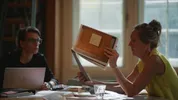 Liesbeth zit aan tafel met papieren in haar hand.
