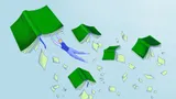 Groene boeken die door de lucht lijken te vliegen waar bladzijden uit vallen. Aan het linkerboek dat het hoogst lijkt te vliegen hangt een persoon.