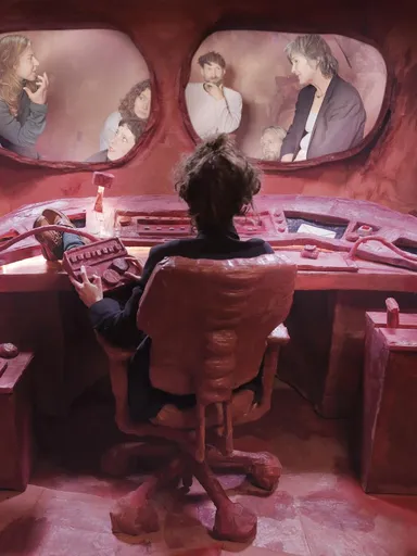 Een wit persoon met krullend haar zit met de rug naar de camera in een surrealistische, roodroze controlekamer en kijkt via twee ramen naar zes mensen die met elkaar in gesprek lijken. Alles in de kamer – stoel, bureau, knoppen en muren – heeft een handgemaakte, klei-achtige uitstraling.
