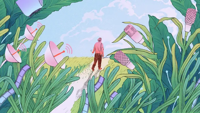 Persoon loopt op een pad, omringd door planten met microfoons en schotels ertussen.