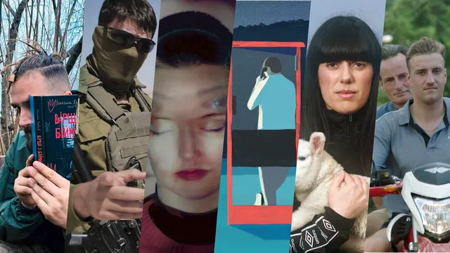 Collage in zes schuine vlakken: een lichtgekleurde man houdt een boek voor zijn gezicht, daarnaast een gemaskerde lichtgekleurde militair, een close-up van een lichtgekleurde vrouw, een illustratie van een persoon in een telefooncel, een lichtgekleurde vrouw met een lam en twee lichtgekleurde mannen op een motor.