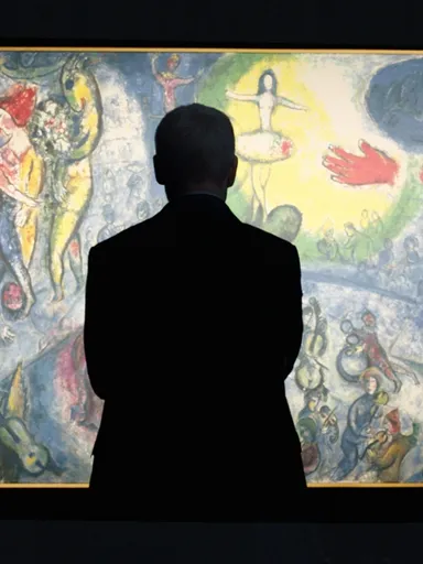 Het donkere silhouet van een witte man in pak staat met zijn rug naar de kijker voor een groot, fel verlicht schilderij vol zwevende figuren en zachte blauwtinten.