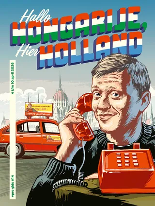 Cover VPRO Gids met illustratie van Nicolaas Veul die belt met een roze telefoon en de tekst Hallo Hongarije, hier Holland