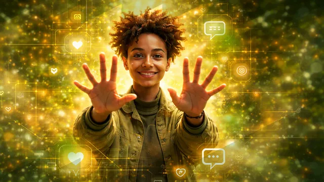 Een student middenin een digitale community omgeving maakt een open gebaar