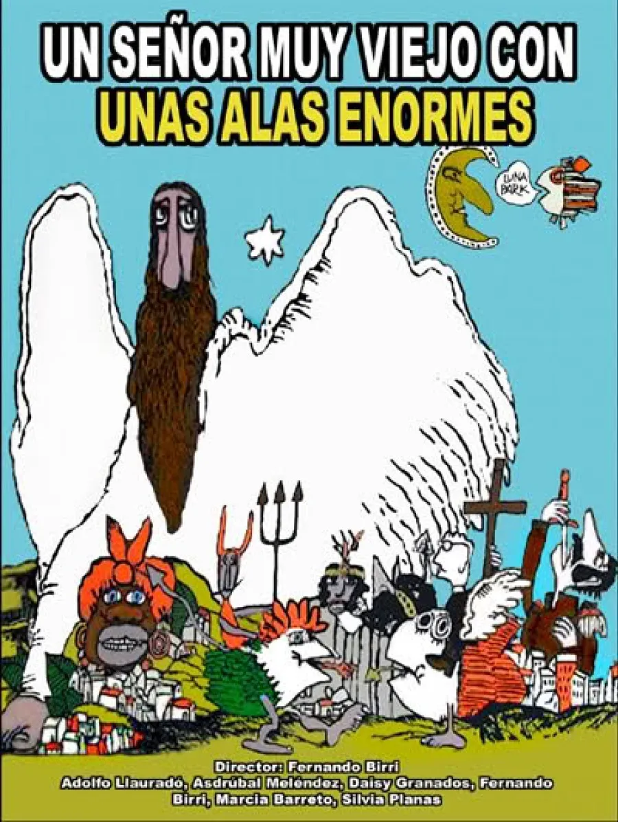 Un senor muy viejo con unas alas enormes poster