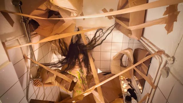 Een naakte, lichtbruine man met lang zwart haar staat in een wit betegelde badkamer. Zijn haar waaiert omhoog uit, alsof hij ondersteboven hangt. Rondom hem is een chaotische installatie van karton en bruine tape opgebouwd, die de ruimte vult. Op zijn huid zitten groene verfspatten.