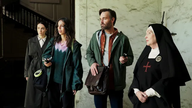 Bodkin. (L to R) Siobhán Cullen as Dove, Robyn Cara as Emmy Sizergh, Will Forte as Gilbert Power, Fionnula Flanagan as Mother Bernadette