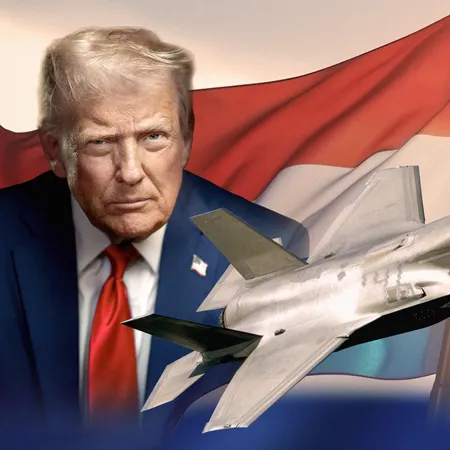 Trump met JSF/F-35 afgebeeld. Seriebeeld voor Argosserie "F-35: Onder Trumps vleugels"