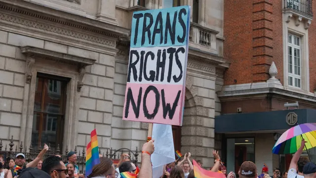 Een protestbord met de tekst Trans Rights Now