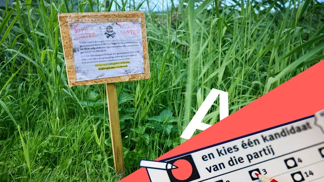 Afbeelding van een waterkant met riet en een bordje dat aangeeft dat het water 'Toxic' is. Daar onder een stembiljet.
