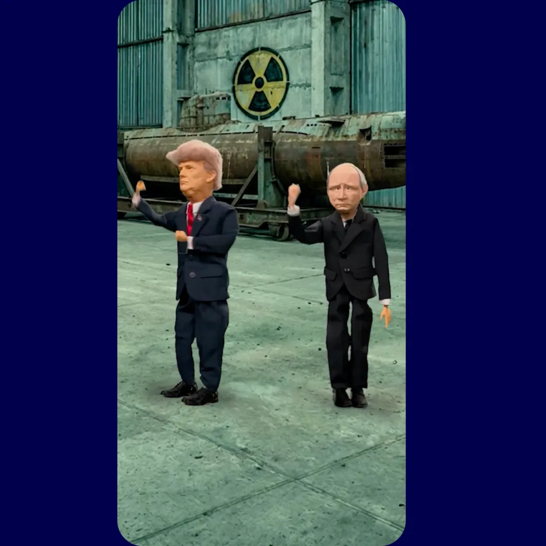 Klei poppen van Trump en Poetin die voor een atoombom staan.