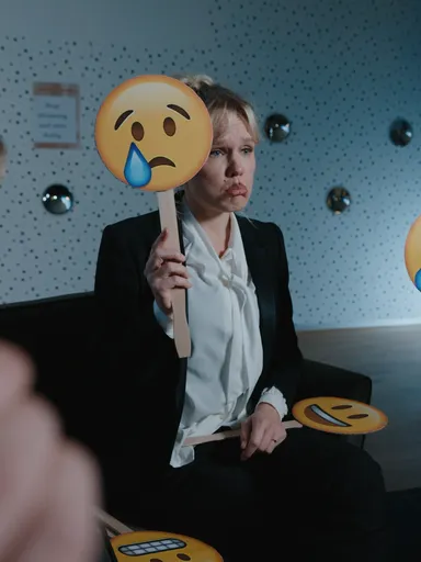 Een vrouw die verdrietig kijkt met een bordje in haar hand van een emoji die ook zielig kijkt
