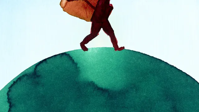 Illustratie van een man die over de wereld loopt met een huis op zijn rug.