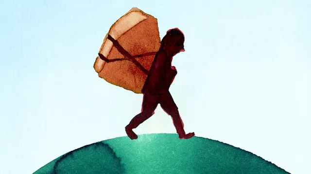 Illustratie van een man die over de wereld loopt met een huis op zijn rug.